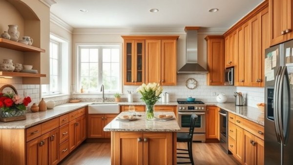 Spacious family-friendly kitchen design with oak cabinets and granite countertops.