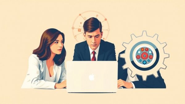 Business team discussing AI adoption risks, collage with brain and gears.