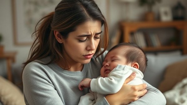 Young mother holding baby, feeling overwhelmed in cozy setting.