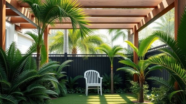 Modern garden design with ferns and pergola, year-round garden.