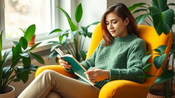 Woman reading a book in a cozy setting with indoor plants, emphasizing sustainable New Year’s resolutions for 2026.