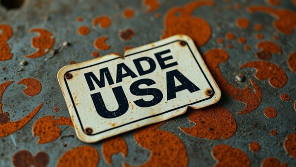 Weathered Made in USA sticker on rusty surface with abstract pattern.