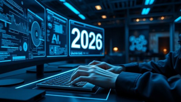 Futuristic 2026 workplace with digital AI hologram.