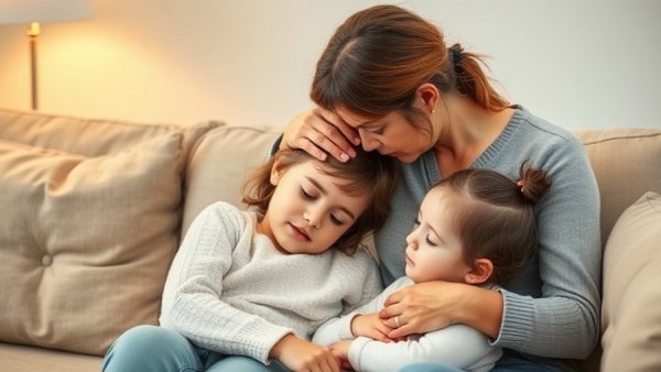 Mother comforting daughter during sick day at home.