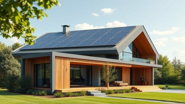 Eco-friendly home design with solar panels, lush greenery.