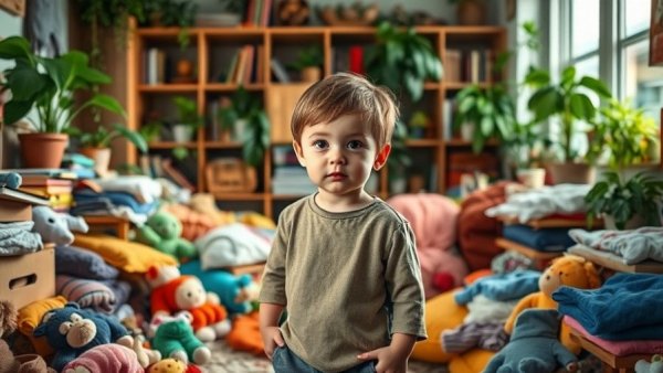 Child in cluttered home environment, focusing on toys.