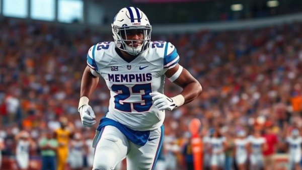 Athlete in Memphis uniform running during a football game.