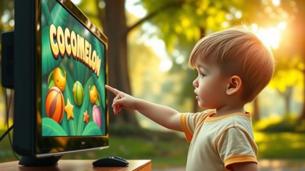 Curious child playing Cocomelon game outside, game review excitement.