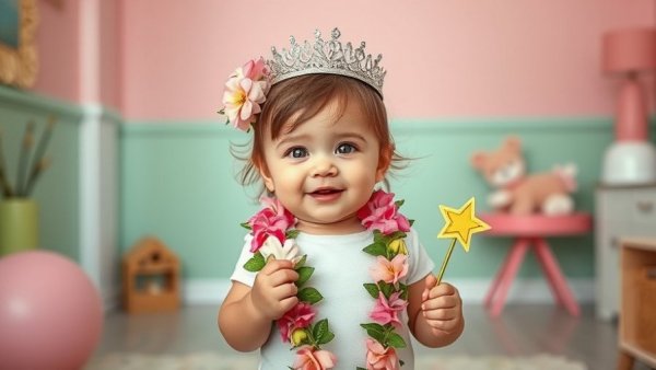 Adorable toddler dressed as princess, symbolizing baby names that mean beautiful.