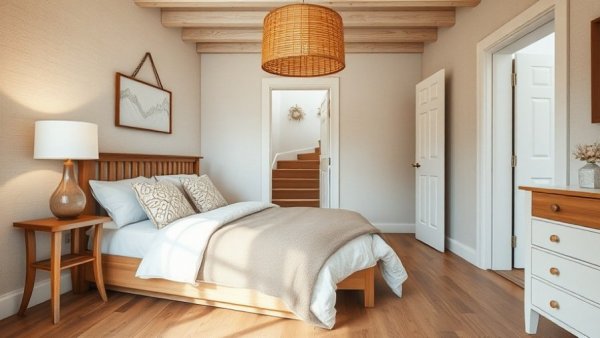 Modern cottage style bedroom with cozy decor and rustic charm.