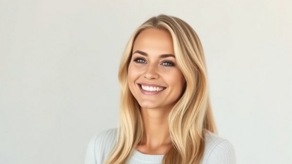 Blonde woman smiling in a portrait with a simple background.