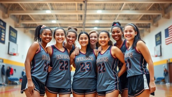 Bay City girls basketball team celebrating indoors with smiles and poses.