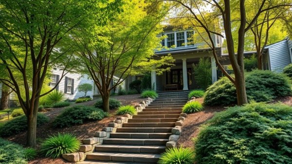 Lush garden with trees and shrubs, stone path, summer lighting.