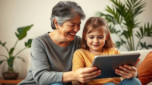 Mother guiding teenage daughter on tablet, living room setting.