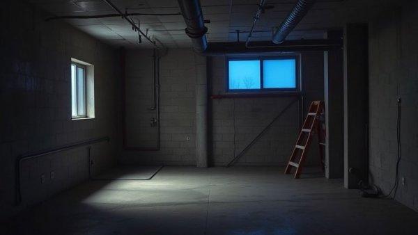 Unfinished basement room with a window and ladder, highlighting ADUs for Aging in Place potential.