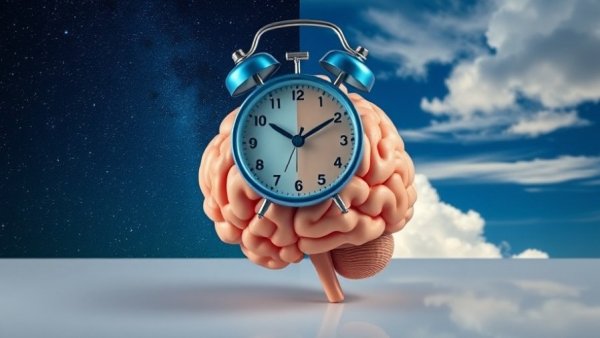 Circadian Rhythm Dementia Risk concept with brain and clock imagery.