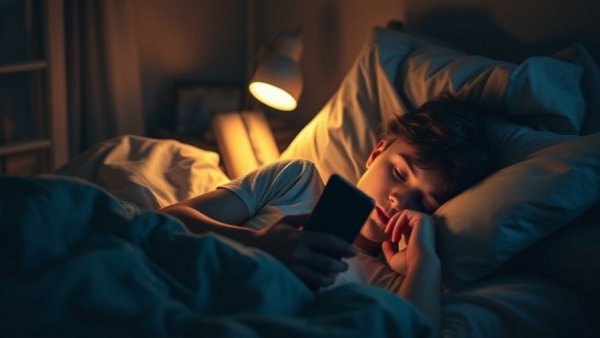 Teen lying in bed using phone, coping with anxiety.