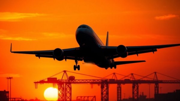 Silhouetted airplane at sunset over industrial port, Jamaica Travel Advisory.