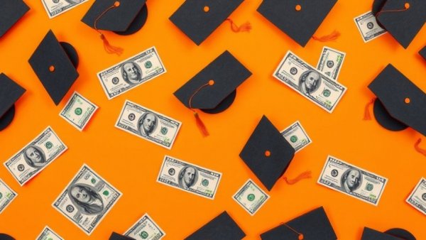 Abstract educational theme with graduation caps and US currency showcasing gender pay gap insights.