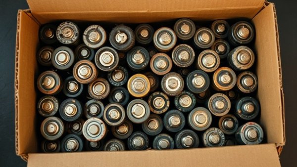 Used batteries for recycling in a box on a dark surface.