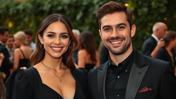 Young couple smiling at an event with people in the background.