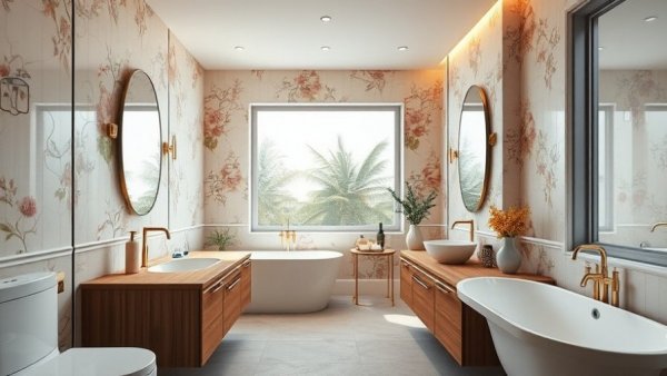 Elegant bathroom with wood vanity and floral wallpaper.