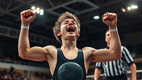 Michigan prep wrestling rankings winner celebrates with referee.