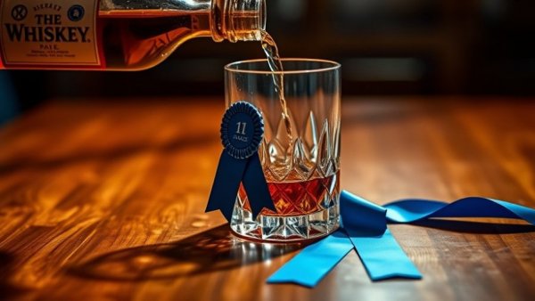 Whiskey being poured in glass with blue ribbon on wooden table.