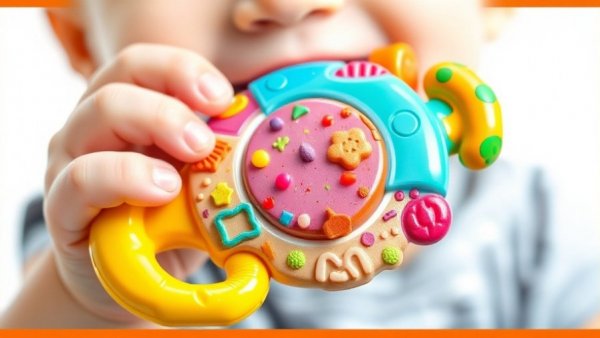Colorful teething toy with recall warning, held by child.