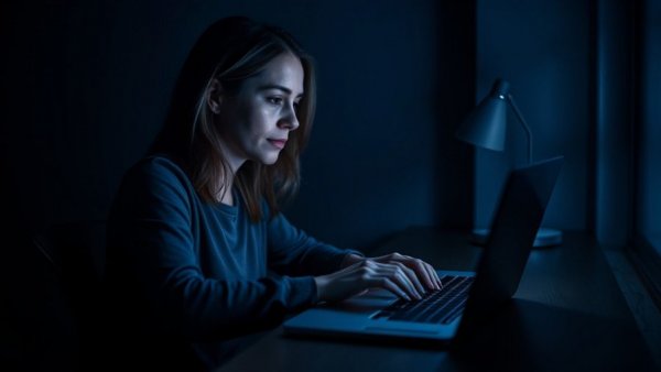 Focused woman working on laptop at night, sending an email after hours.