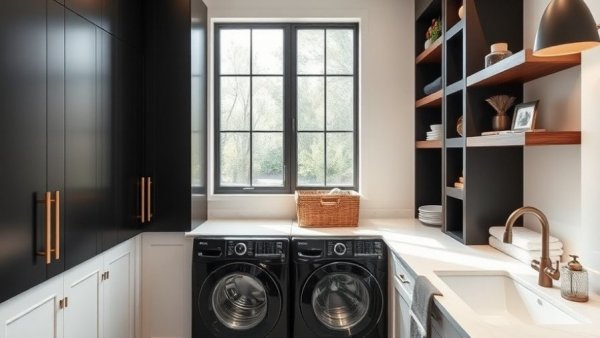 Stylish laundry room with smart storage solutions, featuring sleek black cabinetry.