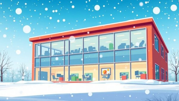 Illustration of an office during a snowstorm, employees inside.