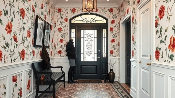 Entryway blending East Coast traditional and West Coast modern design.