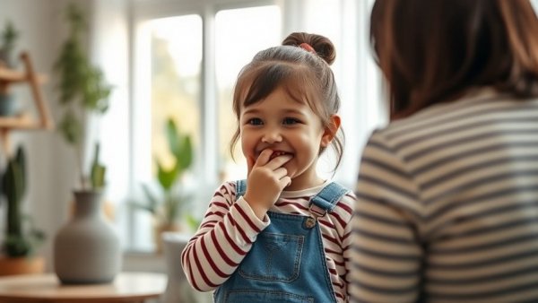 Child giggling and covering mouth, parent watching in living room.