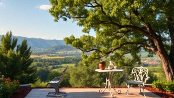 Serene garden seating area with scenic view of trees and hills.