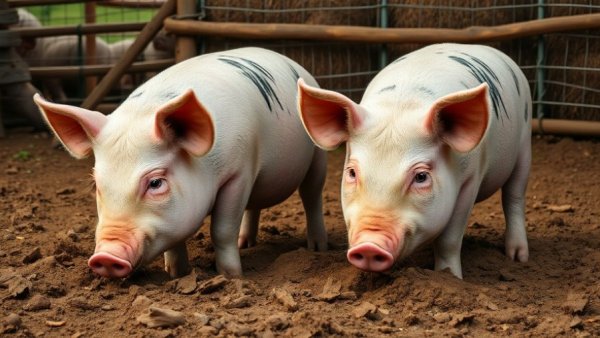 Pigs in a fenced Michigan farm area, related to a legal battle.