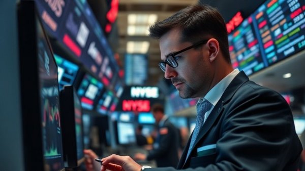 Stock trader analyzing market monitors with focused expression on trading floor.