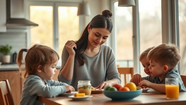 Mom in action, brushing daughter's hair at breakfast in a sunlit kitchen.