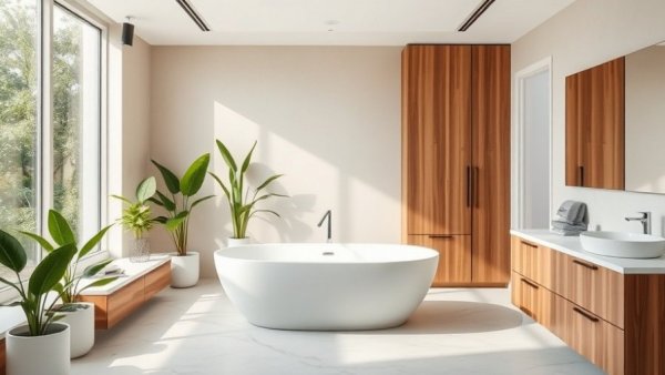 Modern bathroom design with wooden cabinets and a freestanding tub.