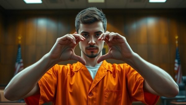 Man in orange uniform forming heart in courtroom related to Kalamazoo case