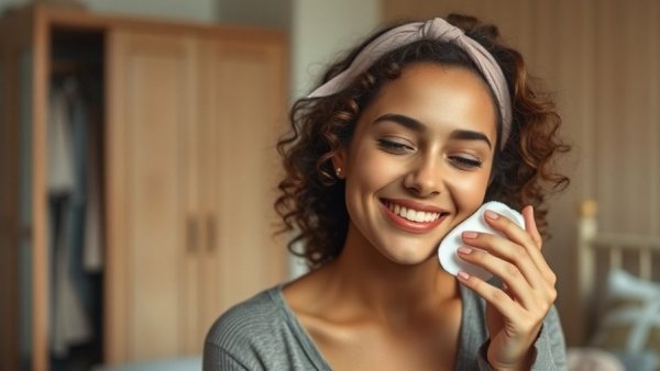 Relaxed woman follows postpartum skincare routine at home.