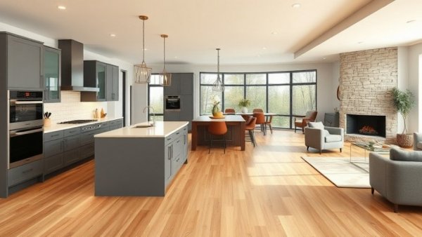 Modern kitchen remodel Alameda with gray cabinets and wood floors.
