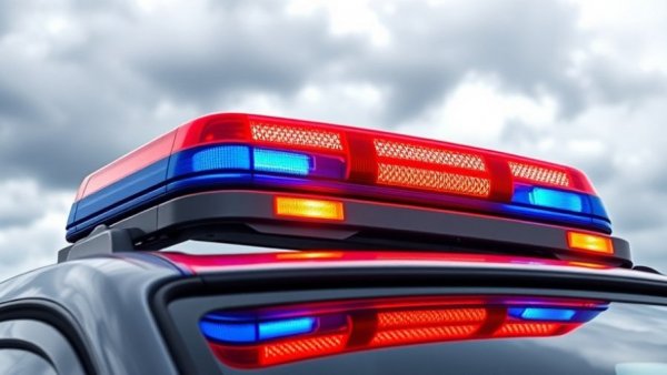 Police vehicle with flashing lights against cloudy sky.