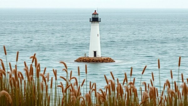 Iconic Lake Michigan lighthouse and pier with serene water.