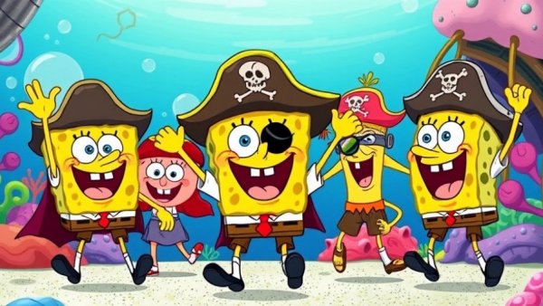 SpongeBob and friends dressed as pirates on an adventure, vibrant underwater cartoon scene depicting perseverance.