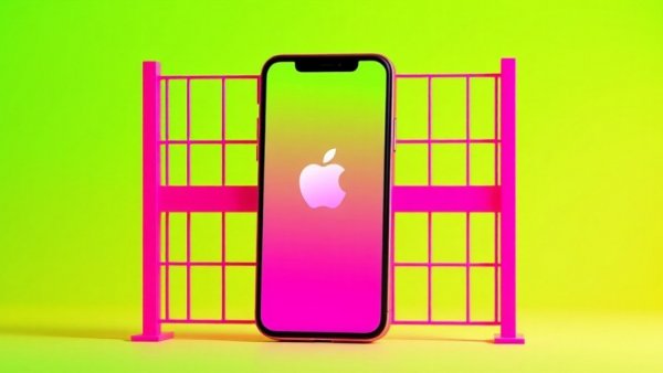 Abstract art of Apple phone in fenced area, symbolizing security and innovation.