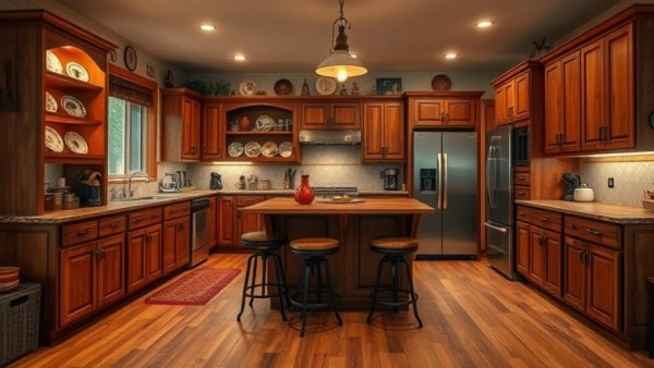 Cozy vintage kitchen design with wooden cabinets and warm lighting.