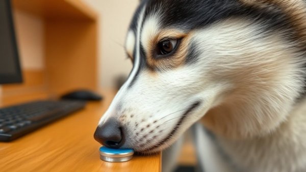 Husky interacting with Dogosophy Button for Service Dogs.