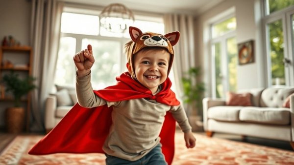 Young child in red cape enjoying pretend play in sunny living room.