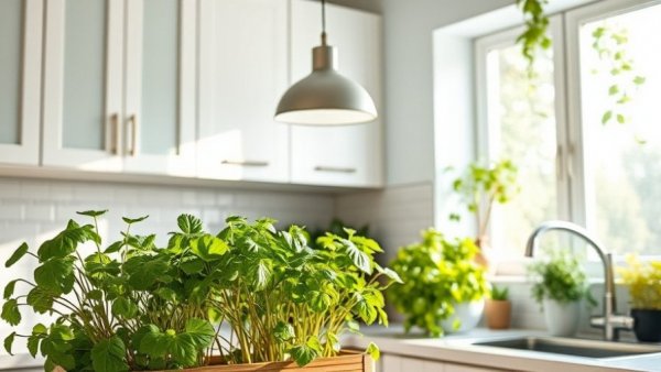 Herbs growing in a well-lit indoor kitchen windowsill.